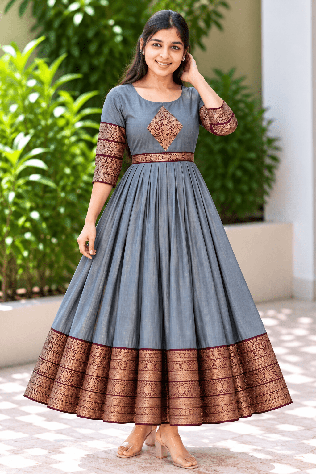 Elegant Steel Grey Anarkali Gown with Maroon and Antique Gold Zari Border in Steel Grey with Maroon and Antique Gold