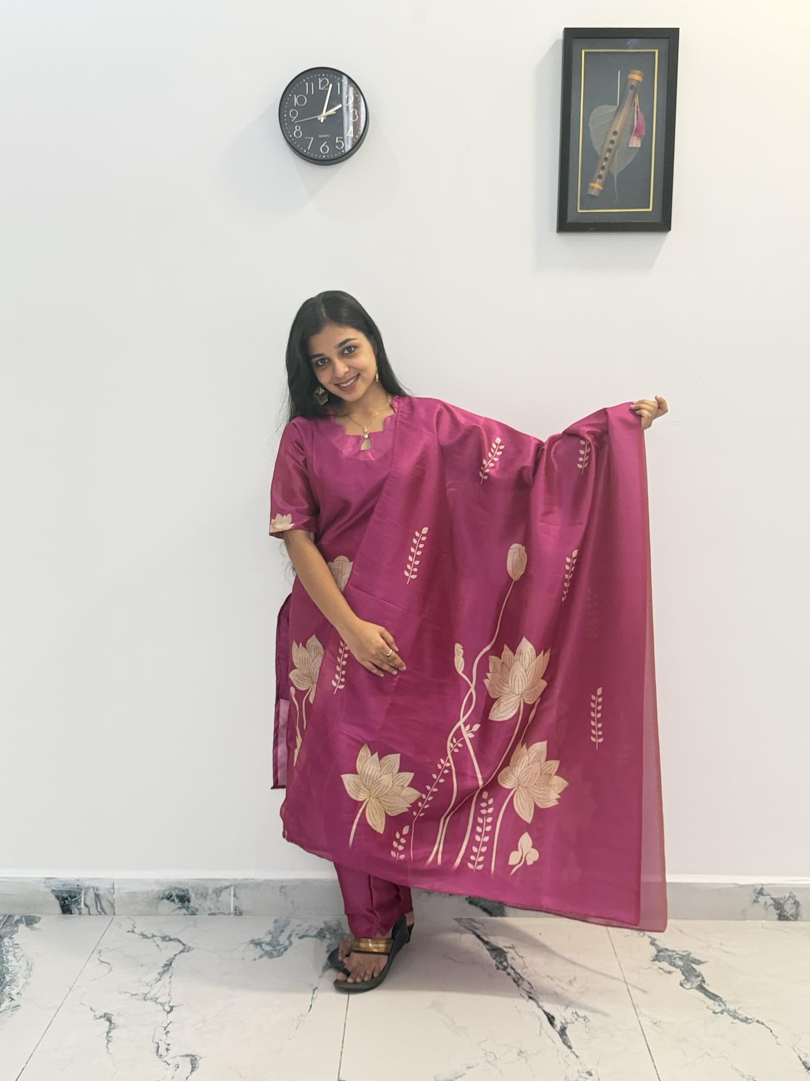 Assam Silk Magenta Floral Printed Kurti Pant & Dupatta Set in Wine Magenta