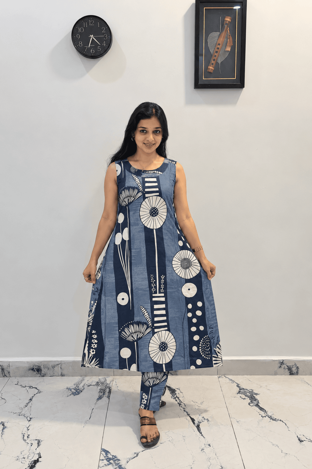 Navy Blue Abstract Printed Sleeveless A-Line Kurti with Matching Pant in Navy Blue