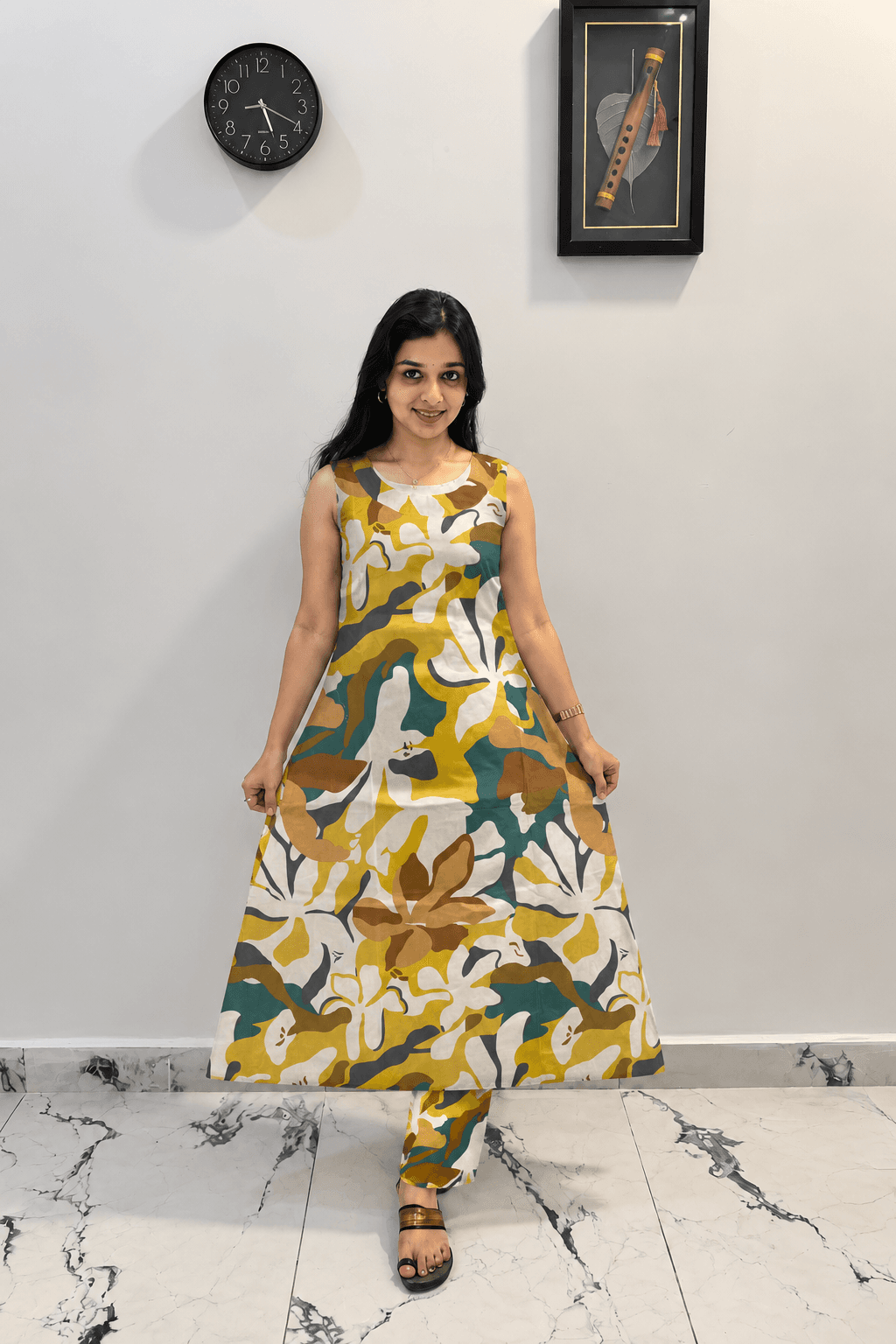 Multicolour Floral Printed Sleeveless A-Line Kurti with Matching Pant in Multicolour (Mustard Yellow, Green, Brown & Cream)