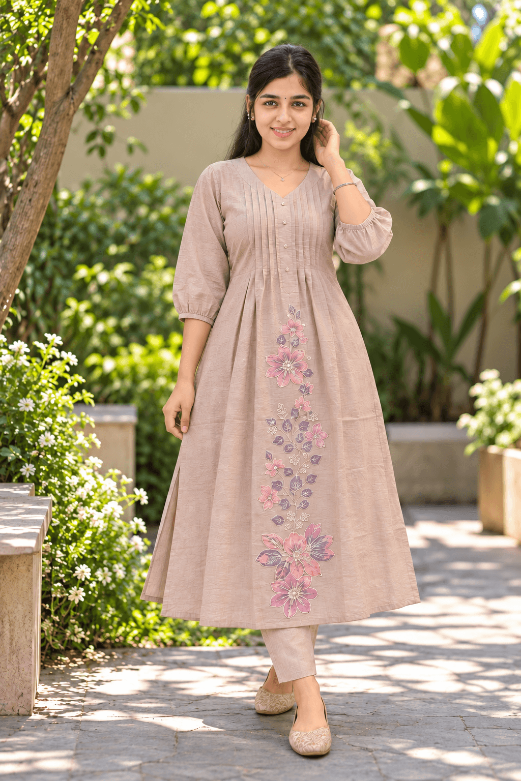 Dusty Pink Vertican Flared Anarkali Kurti in Dusty Pink