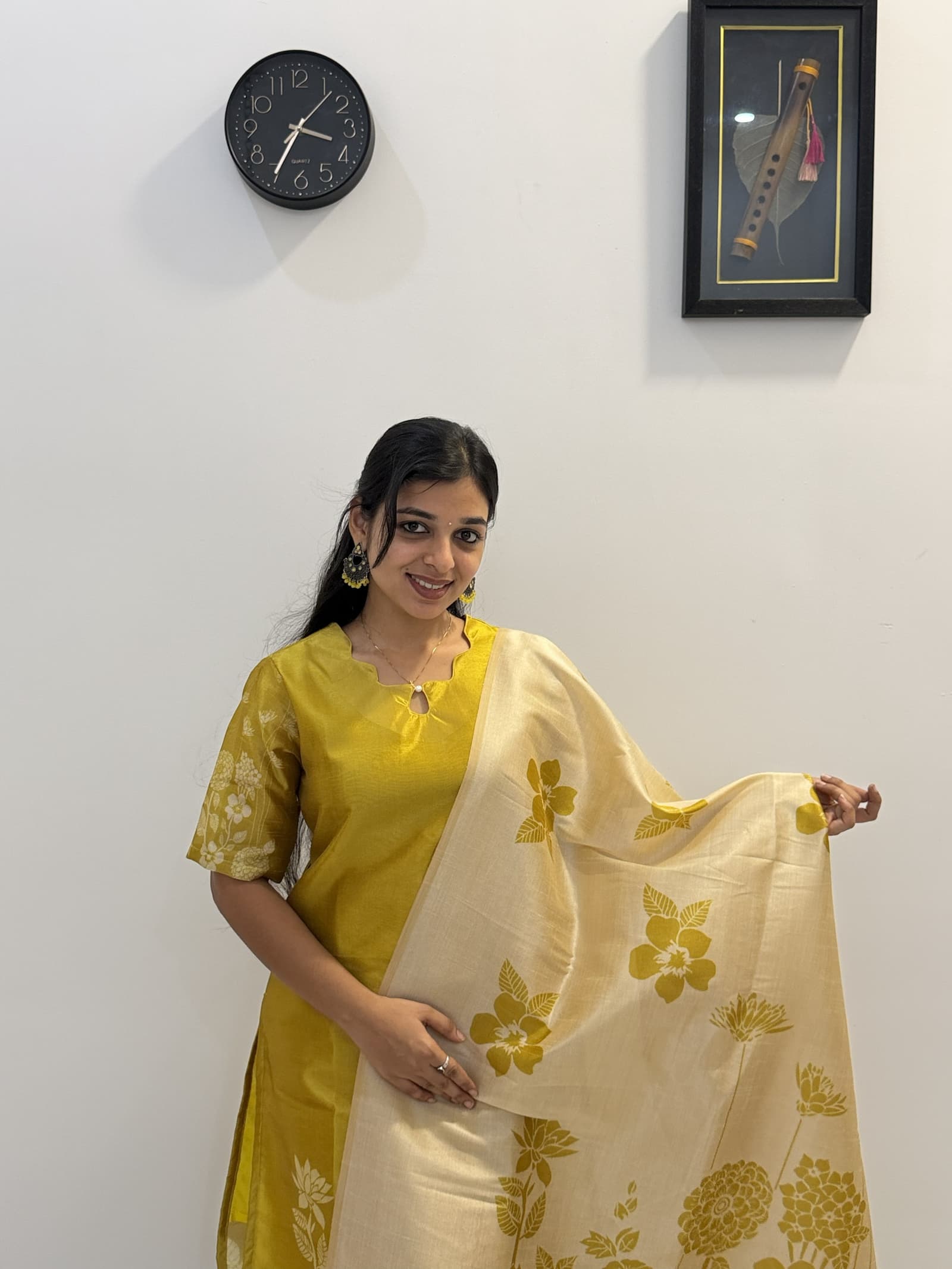 Assam Silk Floral Printed Kurti Pant & Dupatta Set in Mustard Yellow & Cream / Off-White
