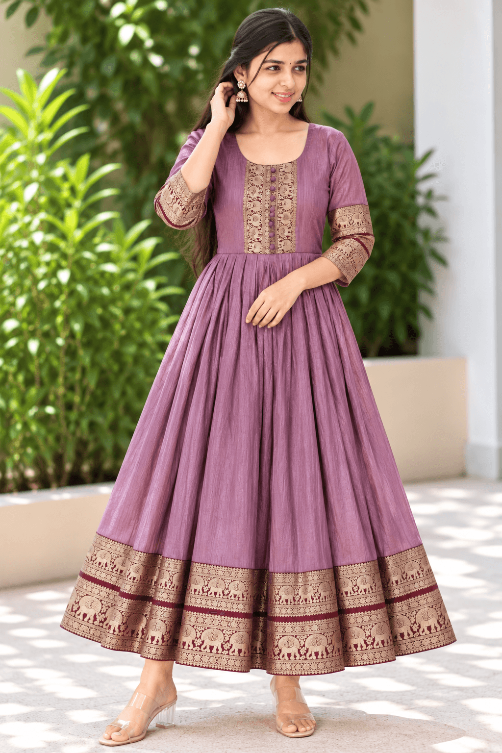 Elegant Dusty Mauve Anarkali Gown with Gold Zari Elephant Border in Dusty Mauve / Muted Purple