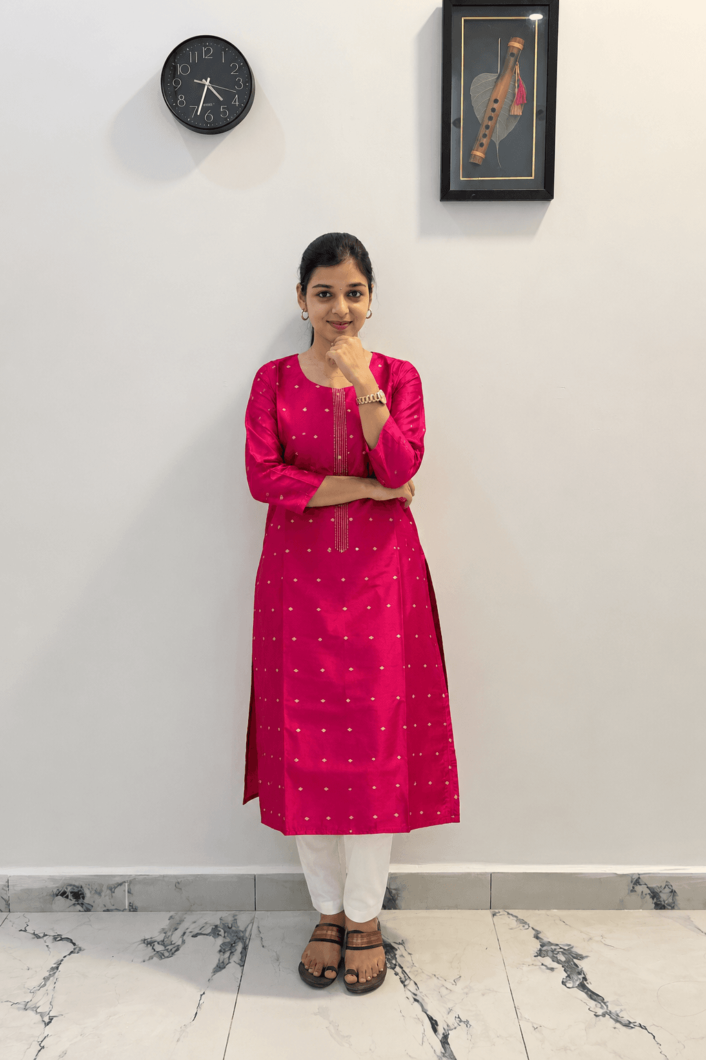 Rani Pink Golden Butti Embroidered Straight Kurti with White Pant in Rani pink
