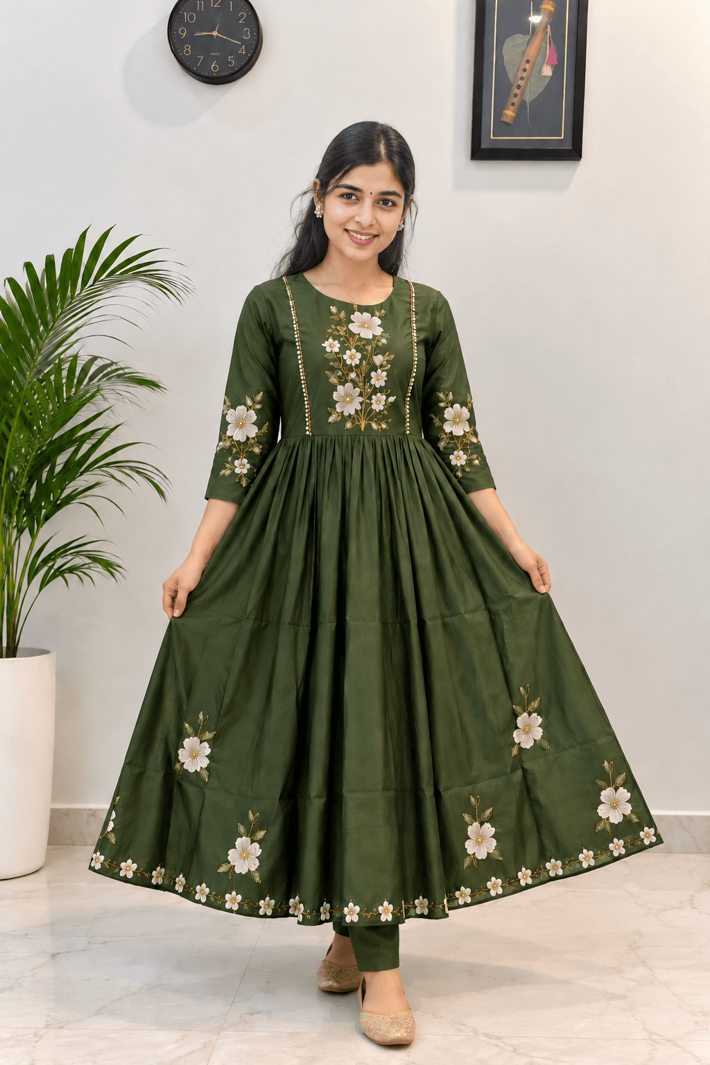 Dark Green Mulchanthri Flared Anarkali Kurti in Dark Green