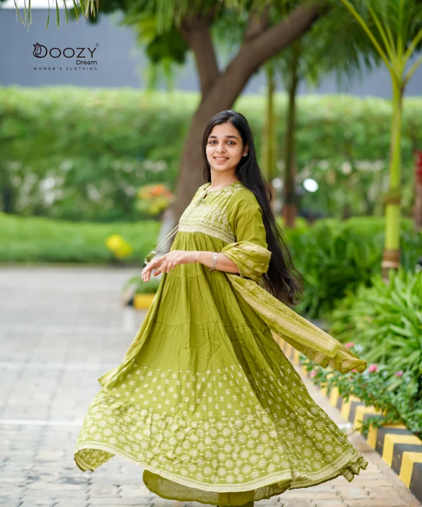 Flowy Anarkali Cotton Green Salwar Set for Festive Wear