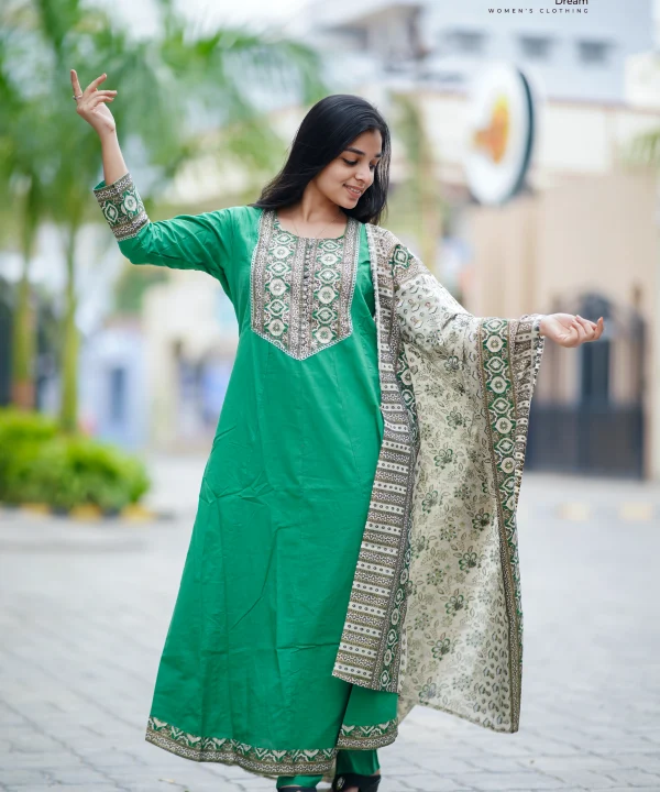 Classic Traditional-Print Cotton Green Salwar Set for Fuctional Wear