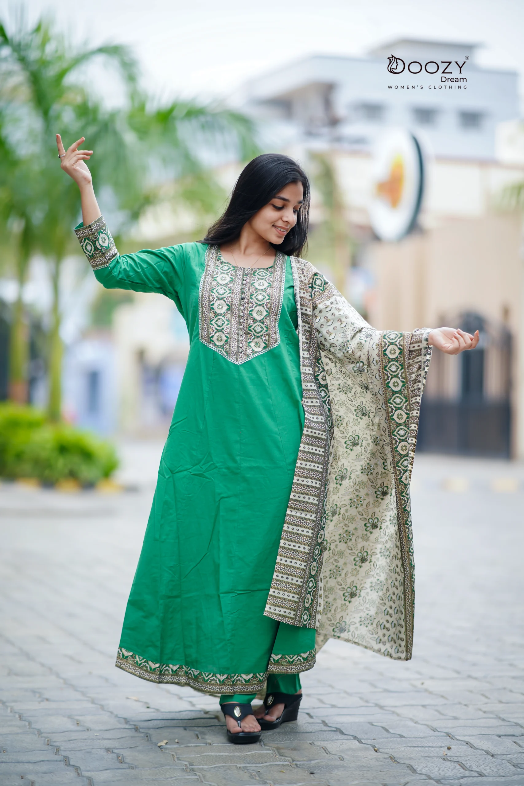 Classic Traditional-Print Cotton Green Salwar Set for Fuctional Wear
