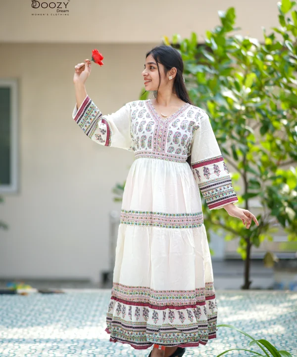 White Ethinic Printed Maxi Dress