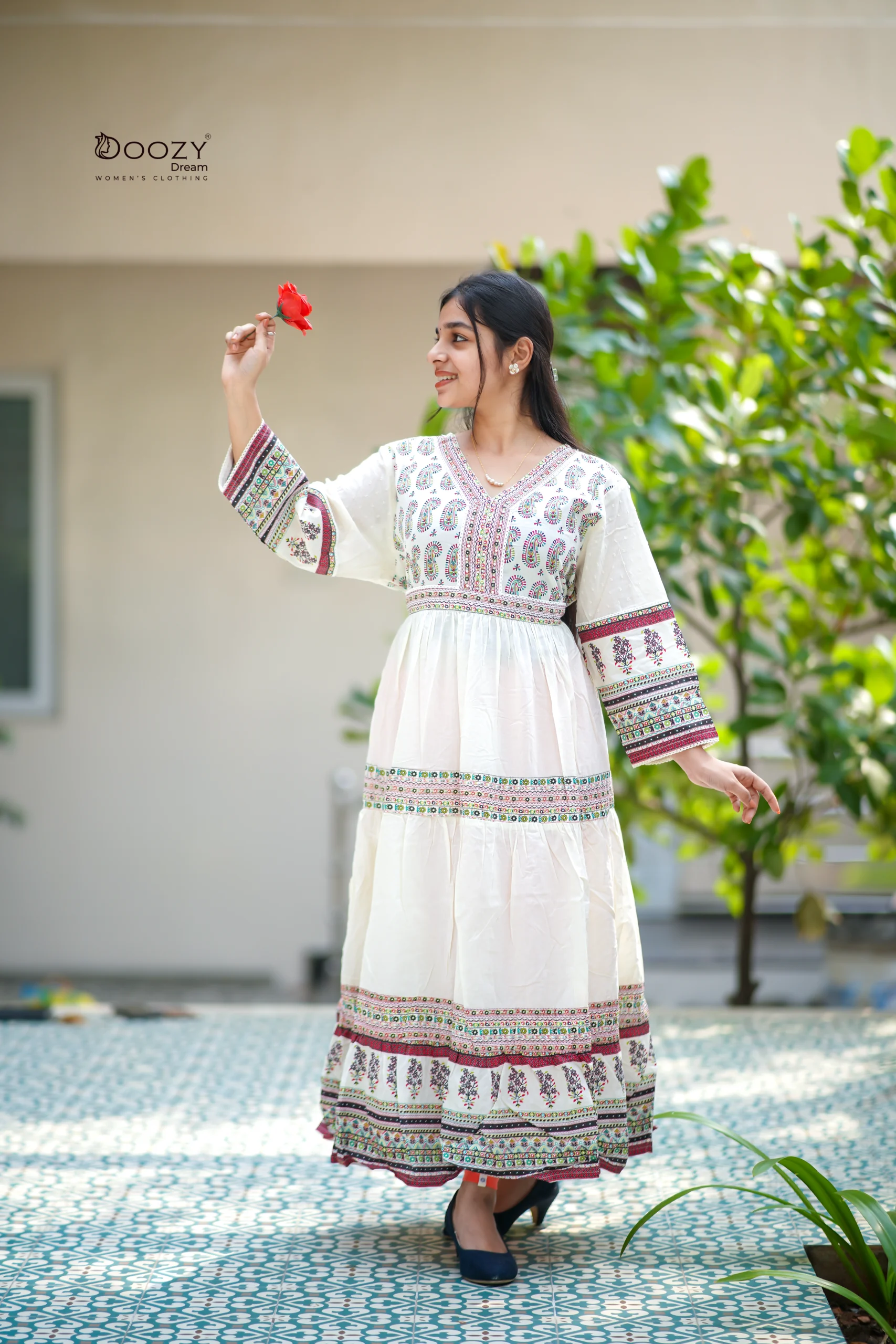 White Ethinic Printed Maxi Dress