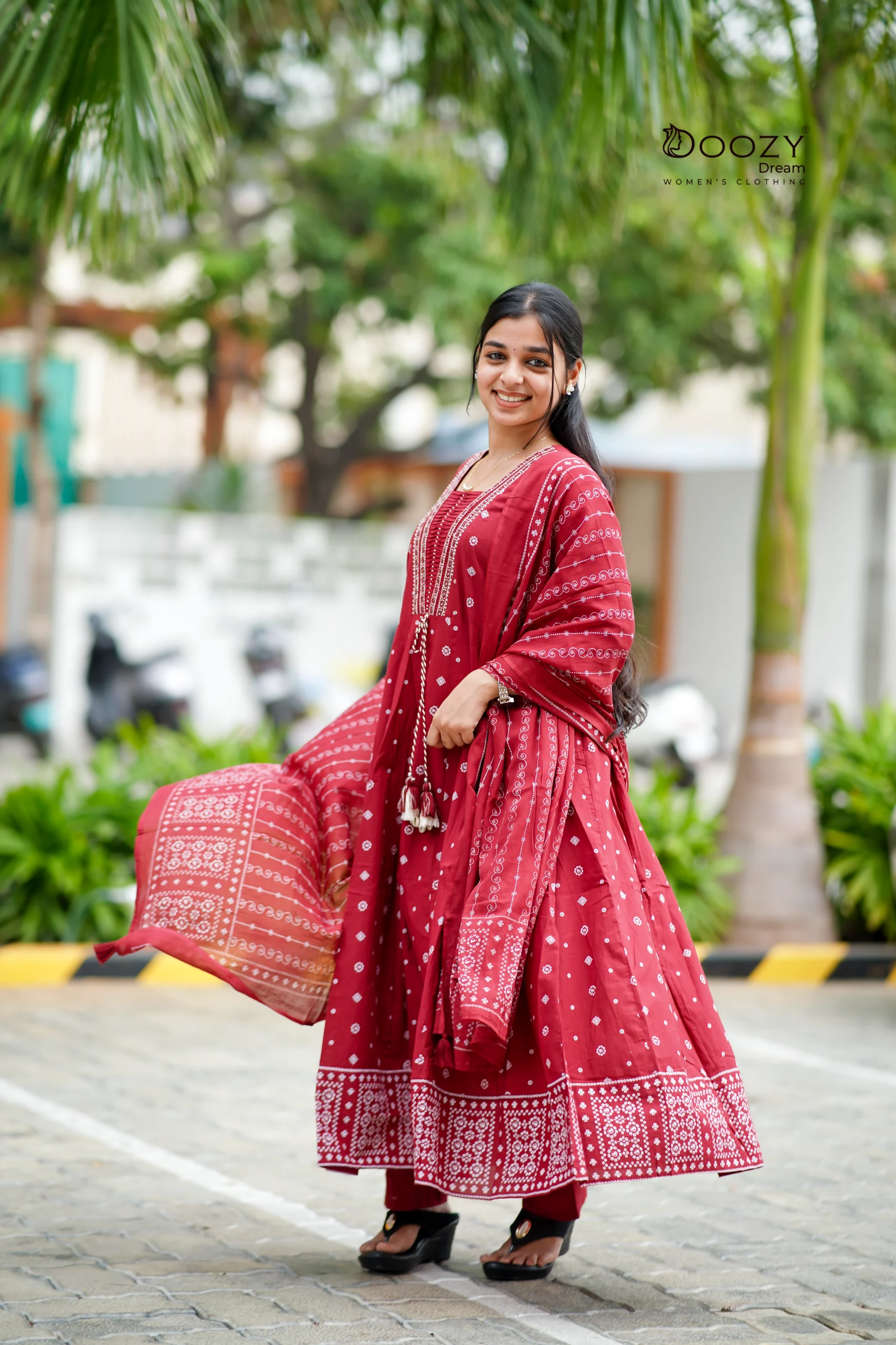 Pleated Front Ethnic Cotton Maroon Salwar Set for Festive Wear