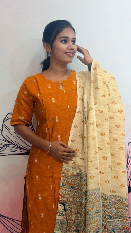 Mustard Colour Raw Silk Kurti Set - Image 2