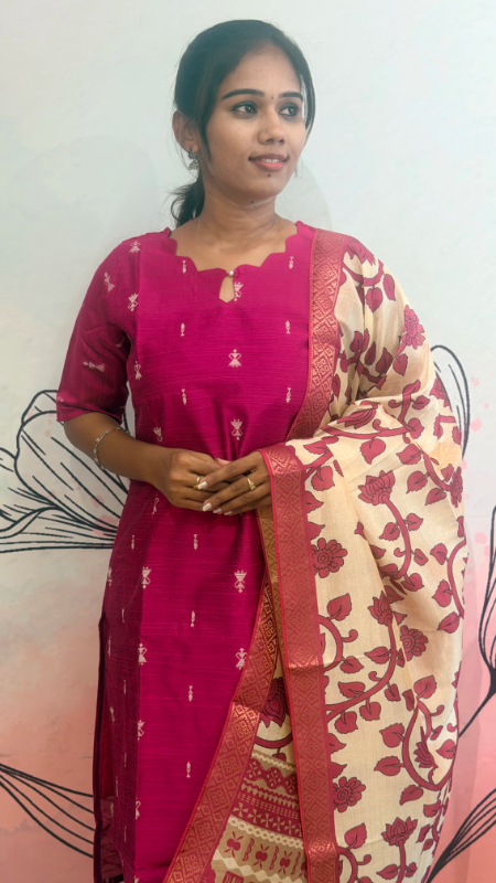 Pink Colour Raw Silk Kurti Set