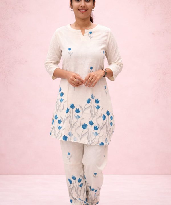 Cream Blue Floral Printed Night Suit Set