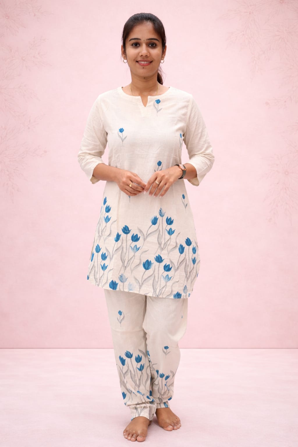 Cream Blue Floral Printed Night Suit Set