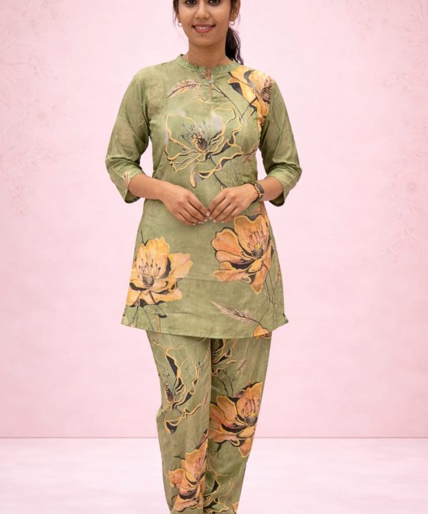 Olive Floral Printed Night Suit Set