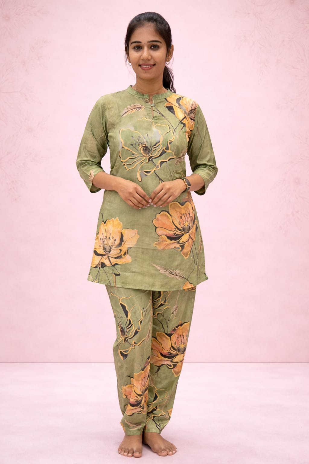 Olive Floral Printed Night Suit Set